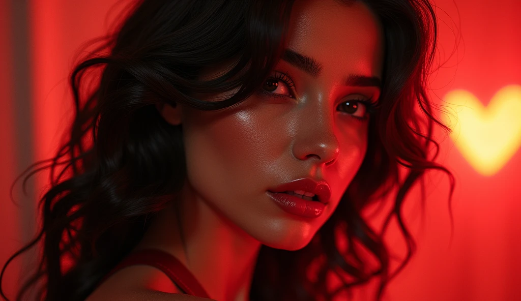 (a beautiful argentinian woman, 1 woman, detailed face, beautiful eyes, beautiful lips, high quality, extremely detailed, photorealistic, 8k, hyper detailed, masterpiece, concept art, elegant, glamorous, red top, black shorts, red bra, red dress, red hot, uplifting bust, busty, thick neck, 3/4 bust, sexy, beautiful argentinian goddess, 2, sensual look, red accents)