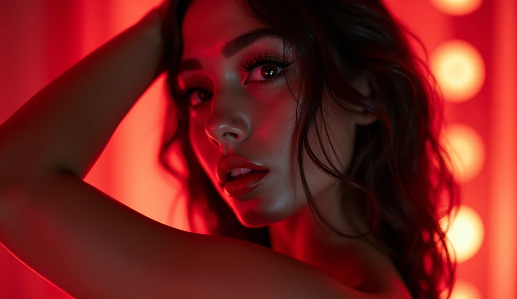 (a beautiful argentinian woman, 1 woman, detailed face, beautiful eyes, beautiful lips, high quality, extremely detailed, photorealistic, 8k, hyper detailed, masterpiece, concept art, elegant, glamorous, red top, black shorts, red bra, red dress, red hot, uplifting bust, busty, thick neck, 3/4 bust, sexy, beautiful argentinian goddess, 2, sensual look, red accents)