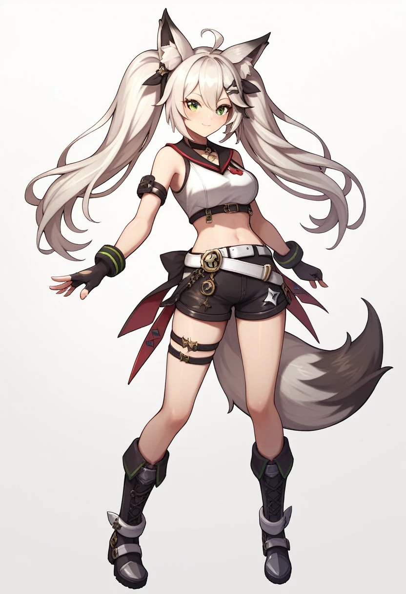 beautiful illustration, best quality, cute girl, sweet ,cute fox girl,1girl, solo, ahoge, cute, animal ear fluff, animal ears, bangs, belt, black gloves, black shorts, black skirt, blush, boots, breasts, crop top, exposed midriff, battle girl, iron boots, zenless zone zero style, fingerless gloves, full body, gloves, green eyes, long hair, shorts, skirt, standing, tail, transparent background, hair:twintails, virtual youtuber, white background, white belt, white hair