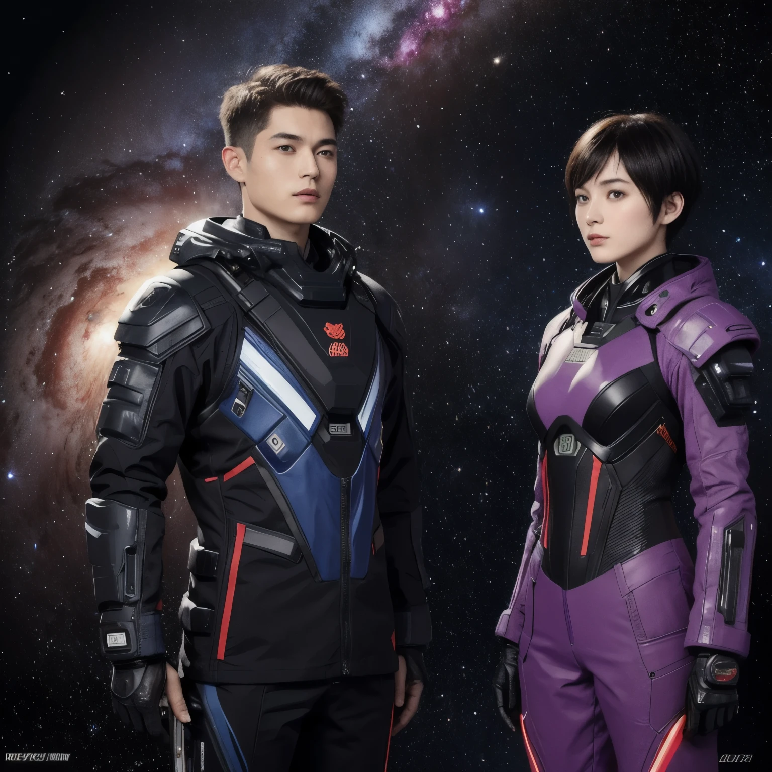 277 (20-year-old woman,short hair), (20-year-old male), Are standing, flower, Futuristic clothing, machinery suit, (The background is a galaxy and nebula)