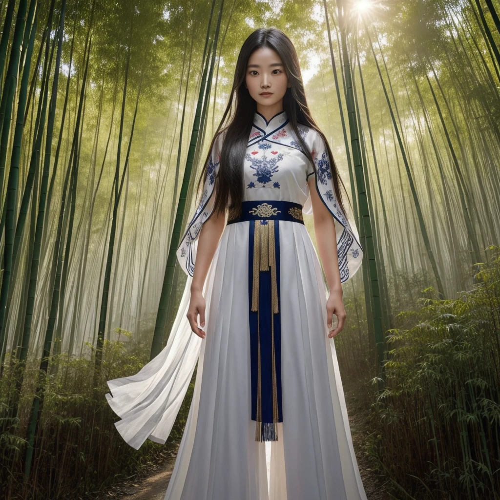 In the heart of the bamboo forest, amidst the silence of nature, a lone female warrior with long hair blown by the wind, a lone Chinese-Thai face stands firm. Her attire is a mix of ancient Chinese traditions in black and white and futuristic designs. Embroidered details tell stories of past battles and victories. The soft light of dawn or dusk shines through, revealing the shadows on the warrior's face as he grips a Chinese sword with an intricate hilt. The Fighting Bracelet Character What is the secret hidden within those bamboo leaves, and what fate awaits this mysterious person?.