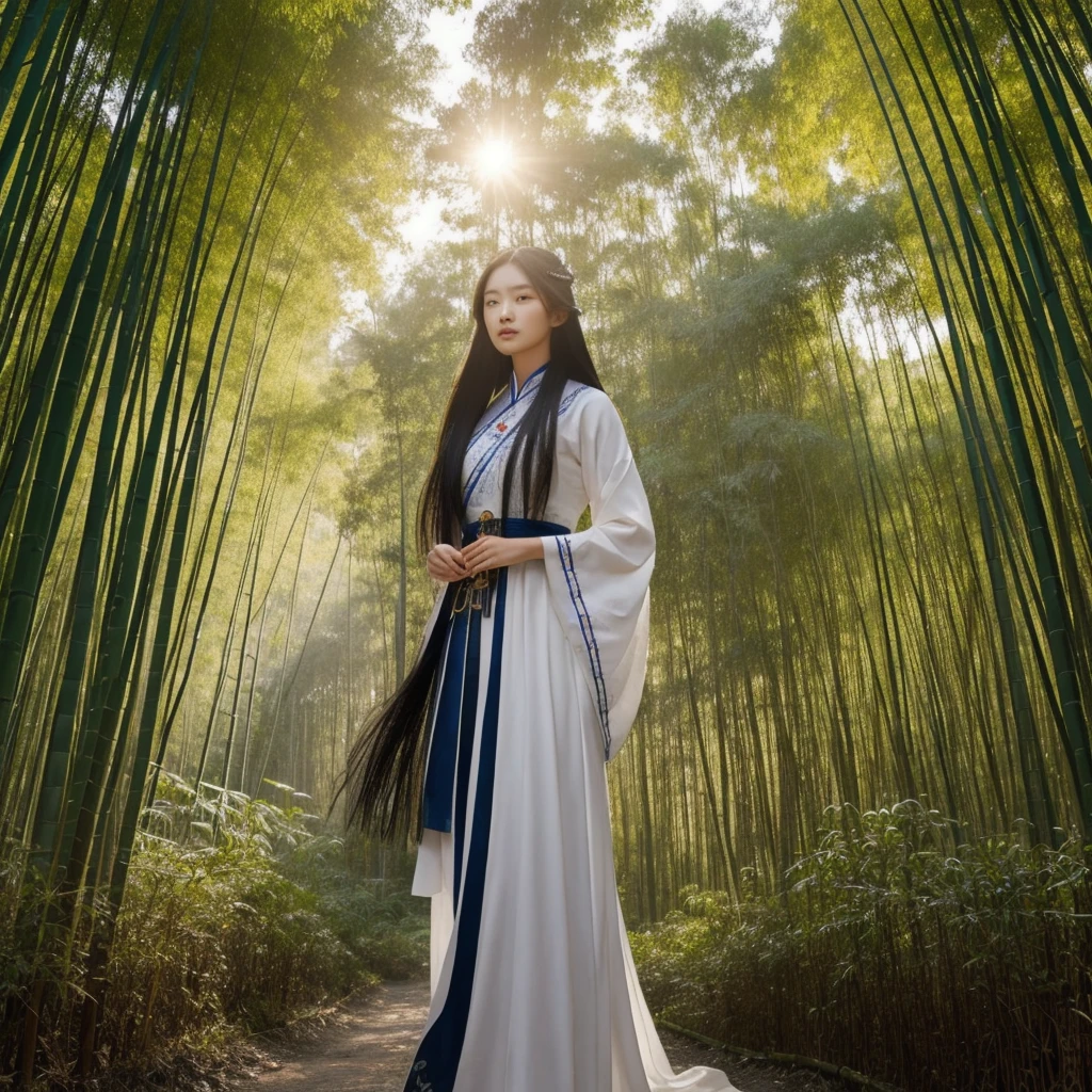 In the heart of the bamboo forest, amidst the silence of nature, a lone female warrior with long hair blown by the wind, a lone Chinese-Thai face stands firm. Her attire is a mix of ancient Chinese traditions in black and white and futuristic designs. Embroidered details tell stories of past battles and victories. The soft light of dawn or dusk shines through, revealing the shadows on the warrior's face as he grips a Chinese sword with an intricate hilt. The Fighting Bracelet Character What is the secret hidden within those bamboo leaves, and what fate awaits this mysterious person?.