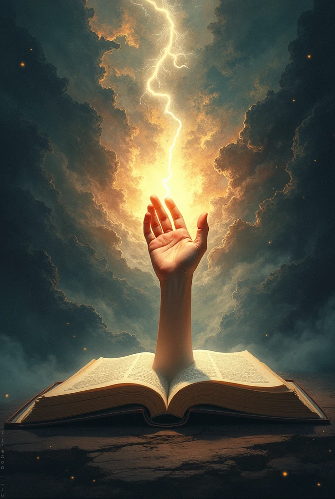Envision a book where the cover itself becomes a portal to deeper understanding. From its surface, a hand emerges, extending beyond the boundaries of the book to offer guidance. Behind this hand, a dynamic interplay of light and darkness illustrates the journey through human consciousness. This cover symbolizes the fusion of philosophical wisdom and psychological insight, inviting readers to explore the balance between illumination and mystery. Embrace the hand of enlightenment as it leads you through the profound contrasts of existence and the depths of the mind. Horizontal image of the book. Hand is art of the book.