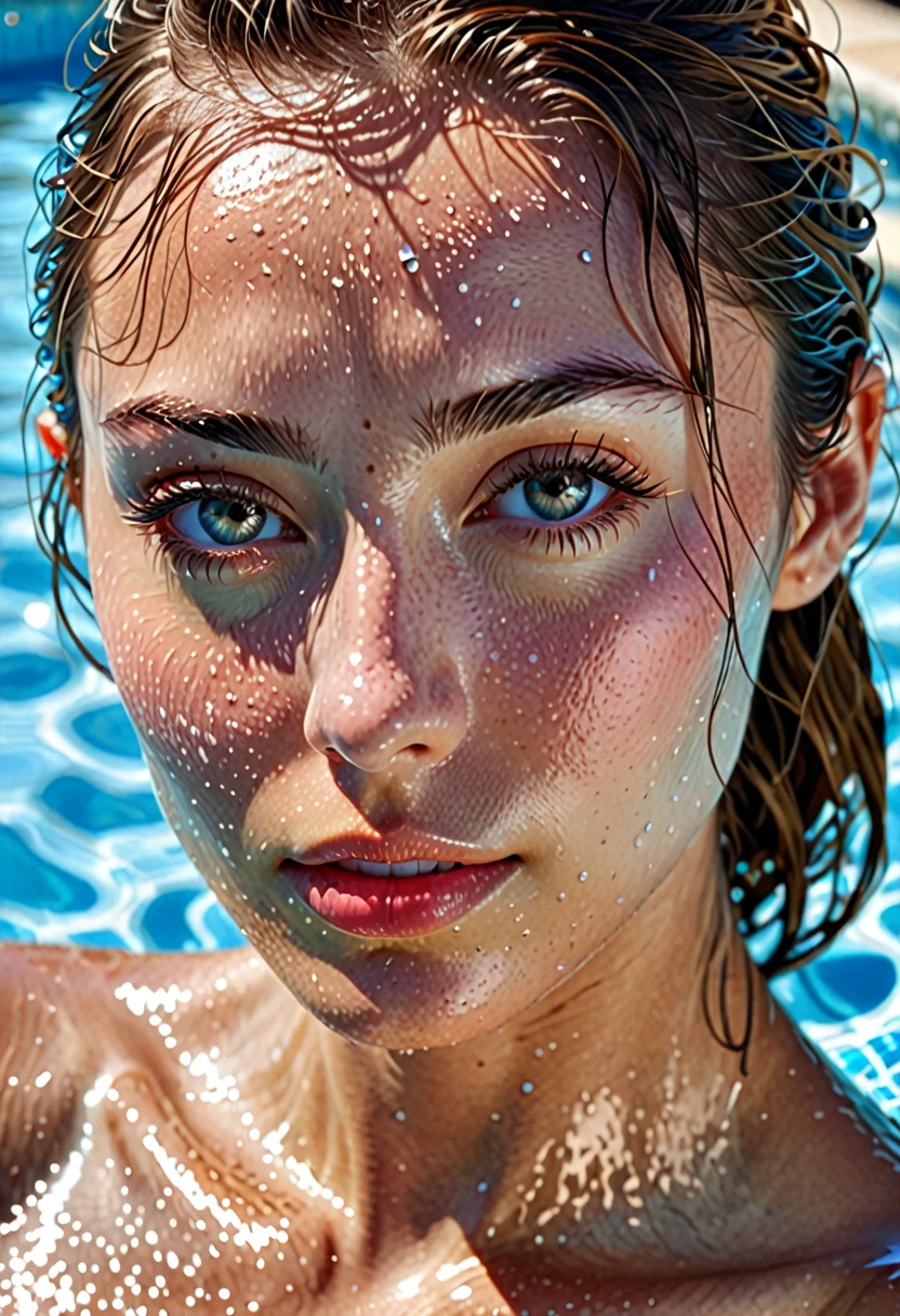best quality, high resolution, ultra detailed, realistic, a woman, upper body, incredibly beautiful, languid expression, moist eyes, shiny skin, poolside,