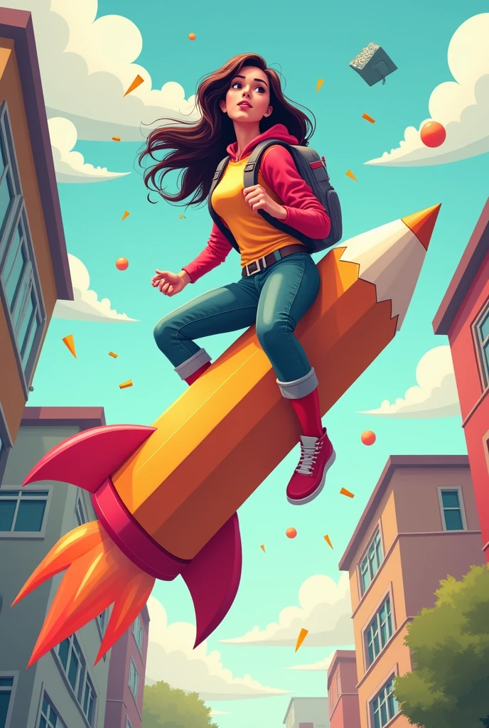 Crée une illustration vecteur d’une adolescente de fantaisiste réaliste deguisée en 'windr woman' de Marvel , montée sur un crayon géant comme une fusée. La est équipé d'un sac à dos dans prêt pour une aventure éducative. L’arrière-plan est une cours d'école , derriere lui de divers objets scolaires comme des calculatrices, des cahiers et des formes géométriques flottant dans un espace aux couleurs pastel douces pour évoquer un environnement d’apprentissage