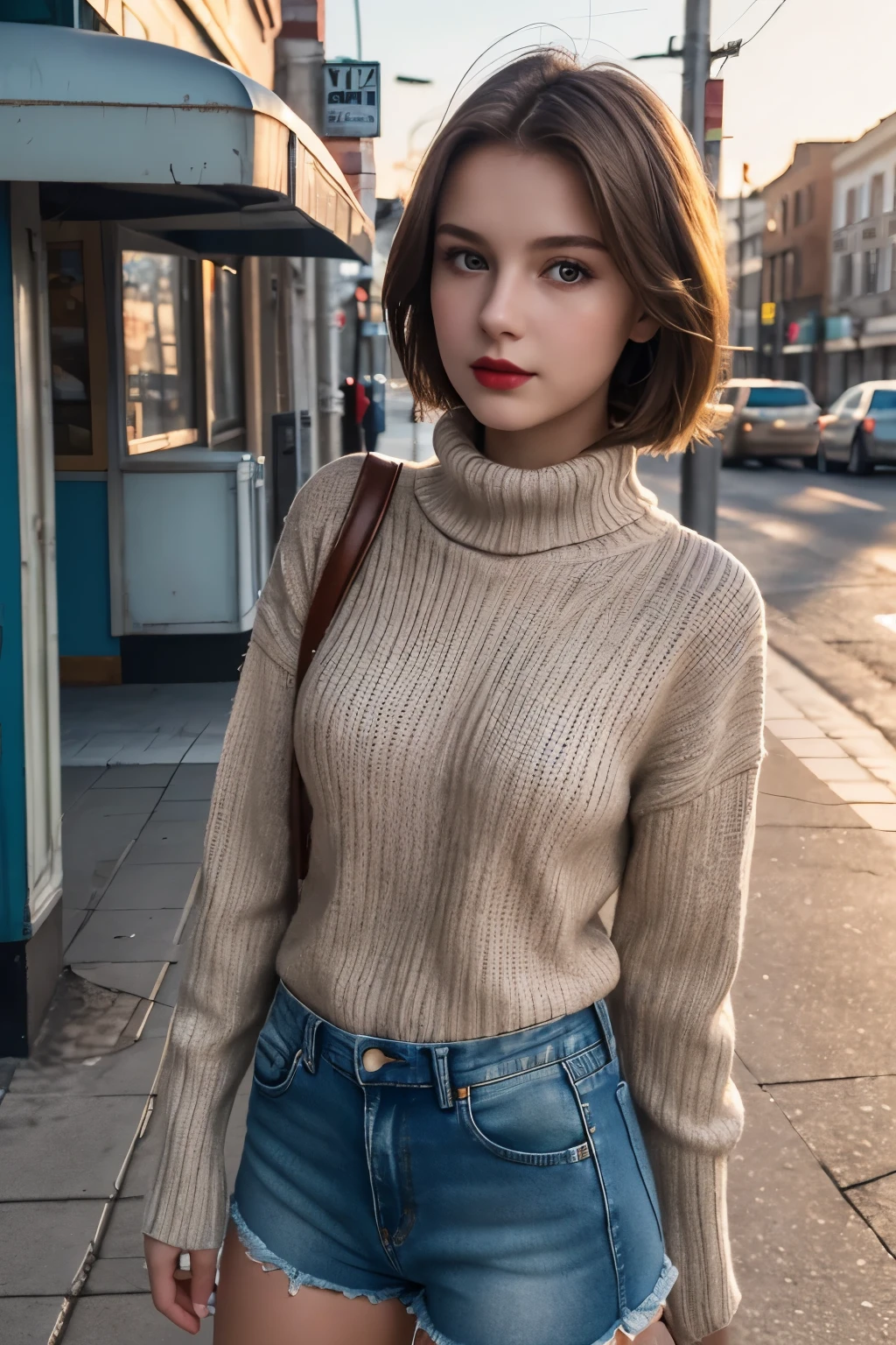 (((hd closeup photo))) beautiful young polish teen, wearing tight denim shorts , standing on busy street corner, abandoned diner, short brown hair, red lipstick, turtleneck sweater, morning light,