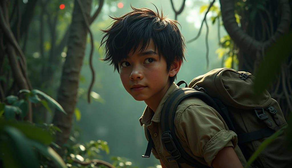 A close-up of a young explorer, Aidan, walking through a dense, dark jungle. The trees are towering above him, with thick vines hanging down. The atmosphere should be mysterious and foreboding, with shadows and distant glowing eyes in the foliage.