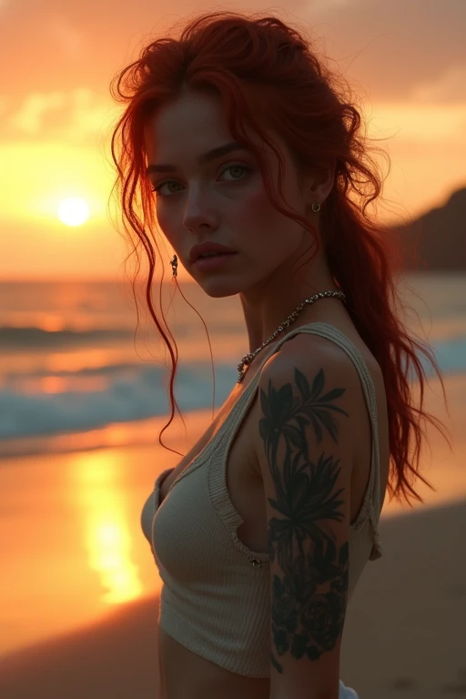 very detailed, 16K high resolution, incredibly detailed image, cinematic, best quality, masterpiece, realistic, detailed face, detailed background, mystical, dramatic lighting, A girl, 20 years old, she is alone, beautiful, natural red hair, straggly and messy wavy hair. Extremely detailed facial expressions with sharp and piercing green eyes. A delicate, slightly cheeky face, subtly made up. ((She is tattooed and pierced, large tubes in her ears.)), She has (very small breasts) and a slim figure, in good shape. Her height is about 1.70 meters. She lies naked on the beach sunbathing.