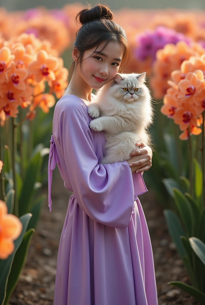 A beautiful Indonesian girl, smooth white skin, well-groomed face,Korean style bun hair, purple , ,wearing a wide knee length mayung dress, , closed chest, left and right sleeves with beautiful ribbons,balloon sleeve model ,holding a large angora cat, , ,luxury watch , white shoes, pose standing gracefully, eyes looking at camera. in the thicket , orange orchid flowers that bloom beautifully and profusely. Orchid flower field background , beautiful very amazing .Realistic original photo 