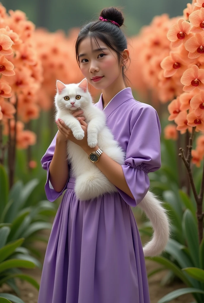 A beautiful Indonesian girl, smooth white skin, well-groomed face,Korean style bun hair, purple , ,wearing a wide knee length mayung dress, , closed chest, left and right sleeves with beautiful ribbons,balloon sleeve model ,holding a large angora cat, , ,luxury watch , white shoes, pose standing gracefully, eyes looking at camera. in the thicket , orange orchid flowers that bloom beautifully and profusely. Orchid flower field background , beautiful very amazing .Realistic original photo
