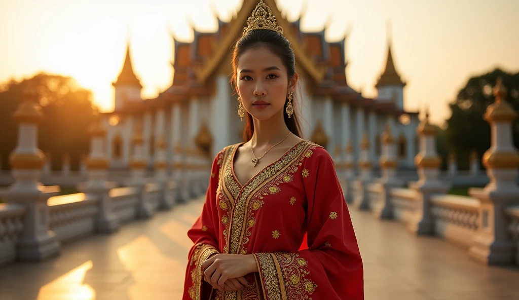 sabaithai A woman in an opulent traditional Thai outfit, posing confidently in front of a majestic royal palace, with golden light illuminating her figure, enhancing the intricate details of her attire.