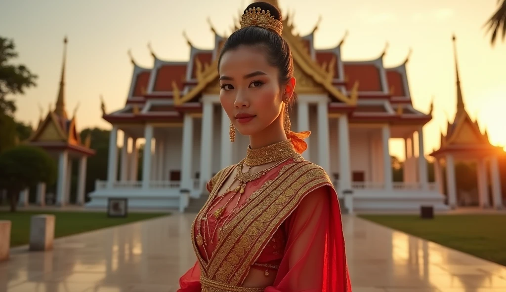 sabaithai A woman in an opulent traditional Thai outfit, posing confidently in front of a majestic royal palace, with golden light illuminating her figure, enhancing the intricate details of her attire.