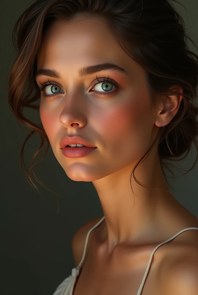 A woman with blue eyes, by white, brownish skin