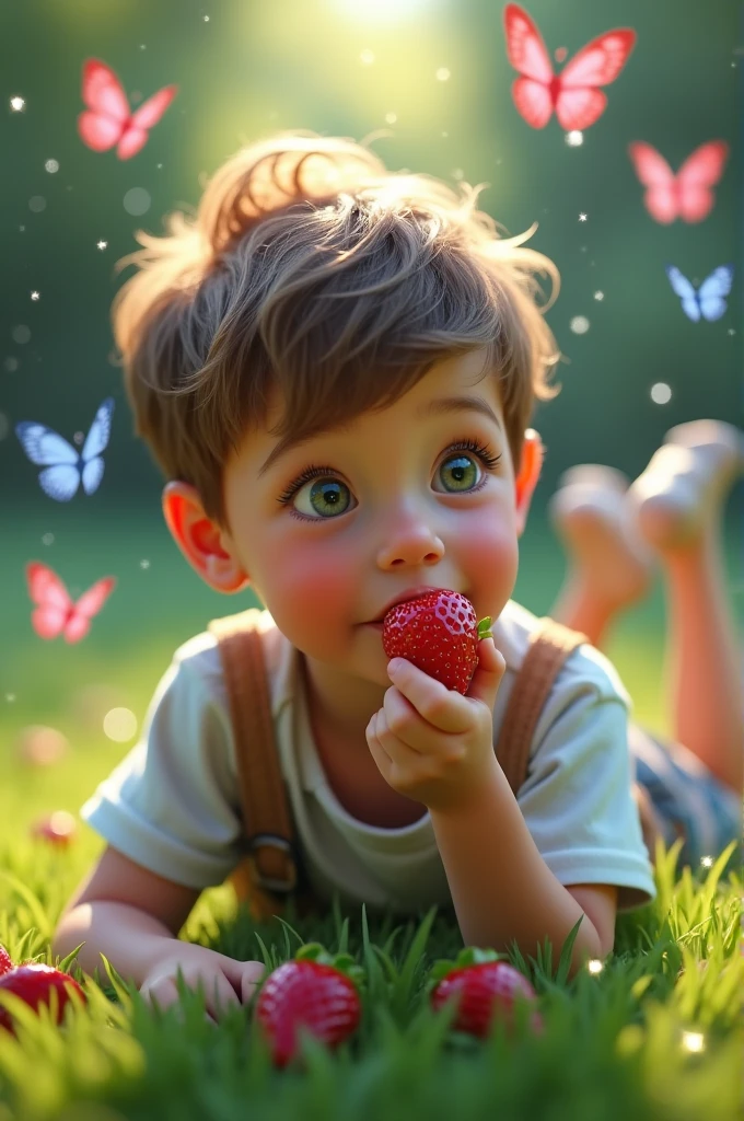 Super realistic A3D image représentant un mignon garçon de 5ans allongé sur du gazon et mange des fraises ,avec des étincelles et des papillons roses et bleu partout un sur le doigt du garçon. background fantasy, dynamique, cinématique, ultra-réaliste, rendu 3D, ultra Hd 16k