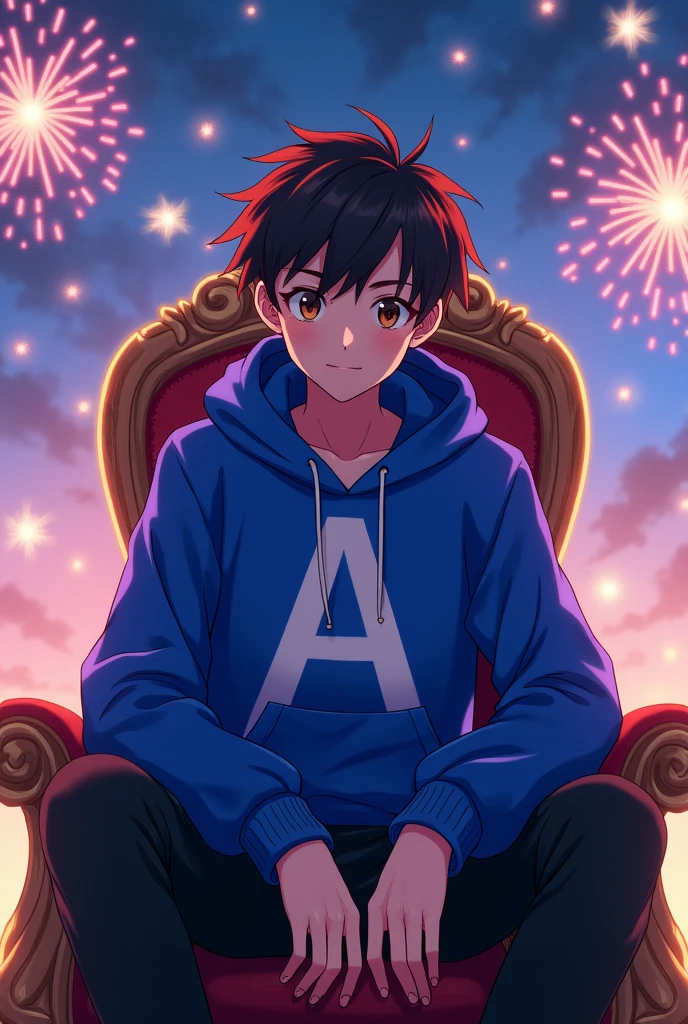 An tenage anime boy wearing a royal blue hoddy printed white letter A and sitting on a thron with style have big and attractive drown eye's with cool hair style with a beautiful background in night crackers flying in the sky which makes the boy look more good