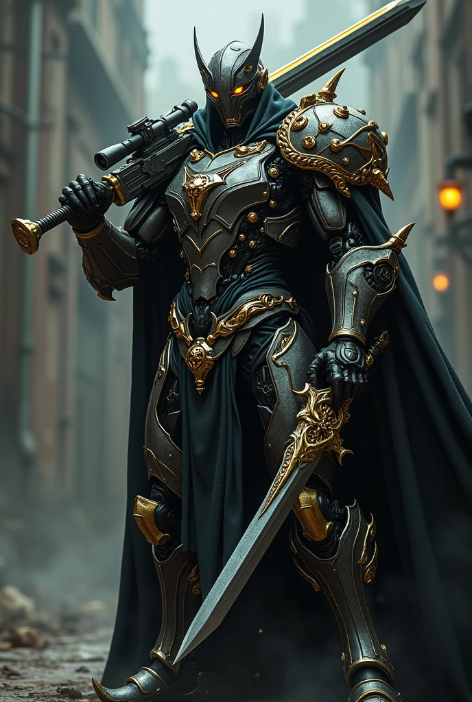 Gothic gold cyborg holding gun sword
