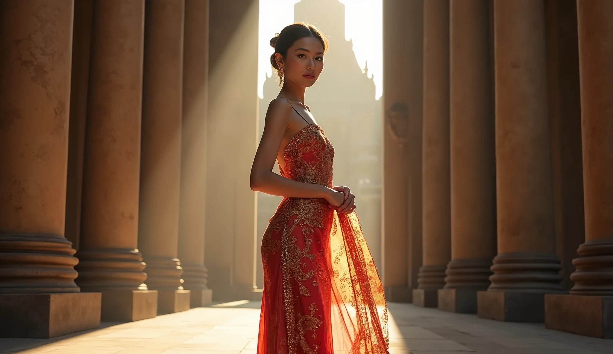 sabaithai A model wearing a luxurious detail traditional Thai dress,hands togetherม standing elegantly at the entrance of a grand, ancient temple, with beams of sunlight streaming through the ornate architecture, highlighting her poised stance.