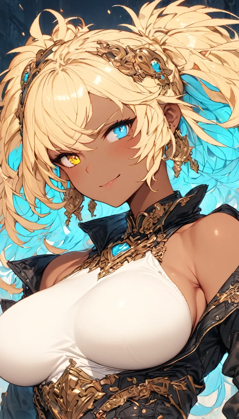 best quality,4k,8k,highres,masterpiece:1.2),ultra-detailed, extremely detailed eyes, extremely detailed body, (large masterpiece digital art), (detailed manga illustration), (detailed line art), ((perfect anatomy)), (intricate details:1.3), (ultra-detailed:1.3), (illustration:1.3), (sharp focus:1.3), (natural lighting:1.05), (vivid colors:1.3), (masterpiece), (best quality:1.4), (perfect anatomy:1.4), high quality, expressive eyes, full body, detailed face, beautiful face, perfect face, 1 girl, tall girl, ((blonde hair)), (red hair), multicolored hair, two-toned hair, ((dark skin)), (((dark skinned female))), large breasts, thick thighs, very long hair, bare shoulders, denim, (short shorts), dynamic pose, silver jewelry, choker, thigh-highs, skin dentation, curvy, heterochromia, (orange eye), (icy blue eye), thigh gap, (white shirt), black leather jacket, thigh boots, dynamic lighting, cinematic lighting, smiling, ((Greek ruins background)), Atey Ghailan, Jeremy Mann, Greg Manchess, Antonio Moro, trend in ArtStation, trend in CGSociety, Intricate, High Detail, Sharp focus, dramatic and photorealistic painting art by Midjourney and Greg Rutkowski, Jeff Bridges, ((cartoon style)), Marvel Cinematic Universe style