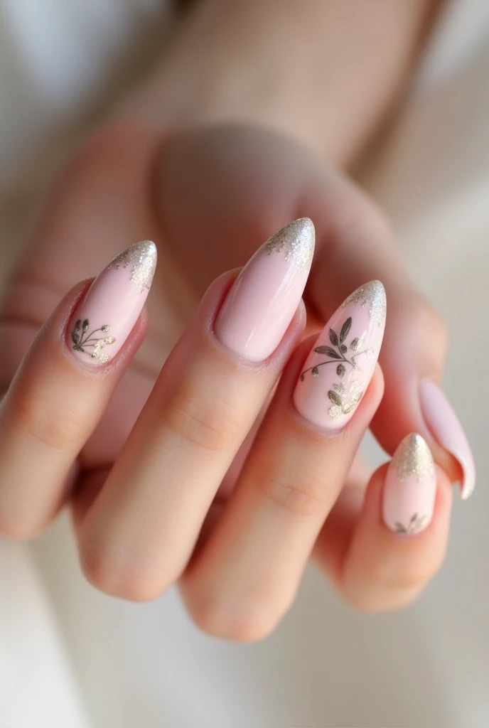  A design that reflects your classic and elegant essence. Opt for almond-shaped nails, at a medium length. Paint your nails with a soft pastel pink as a base. Add a delicate design of small bleached flowers on one or two nails, and maybe a touch of subtle glitter on the tips of a few others for a sophisticated finish. Finish with a glossy top coat for that extra shine.. 