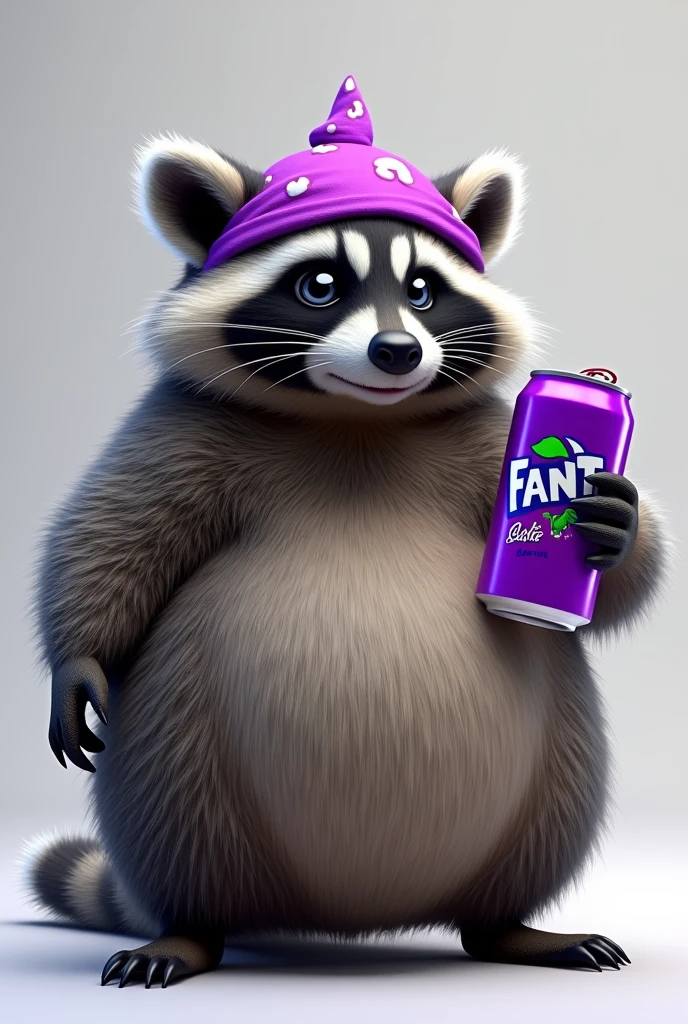 A fat raccoon holding a Fanta grape、high resolution、Eye Crawling、Sports Bandana、