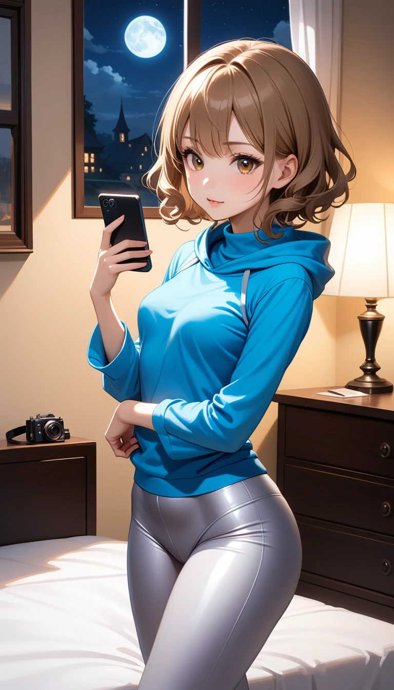 Beautiful 47y young woman with short undercut curly dark blonde hair, tied up hair, with brown eyes wearing ((Tight Silver Low-Rise Leggings), ((Sexy Mock Neck Mid Sleeves Light Blue Shirt With Hood Down)), standing in her bedroom at night, holding her cellphone, (mid-tanned skin), (light brown lipstick), (elegant mascara), (slim body), (small breasts), (wide hips), midjourney, <lora:GoodHands-, <lora:GoodLegs-, UHD, high resolution, (expressive eyes, perfect face, full body, expressive face, perfect body, perfect pussy, athletic, fit, slim body, blushing, Perfect makeup, eyeliner, beautiful eyelashes, smiling, horny face), ((best illumination, best shadows)), ((sexy pose)), score_9_up, score_8_up, score_7_up