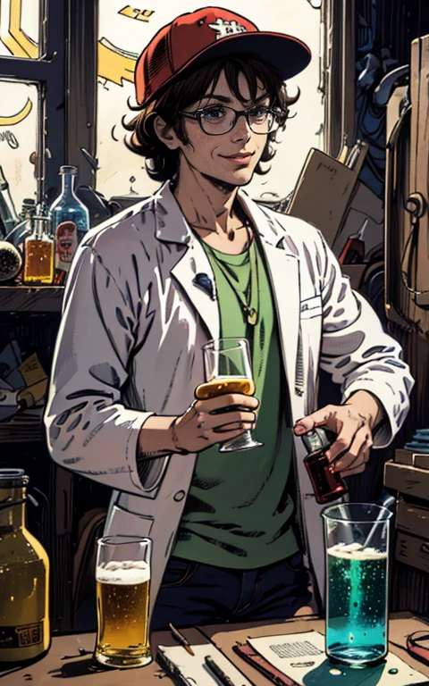 best quality,highres:1.2),ultra-detailed, (pencil drawn portrait of a Male geeky mad scientist,) baseball cap, a man with short hair, scientist lab coat, genius expression, glasses shining ,intelligent eyes, mischievous smile, raised eyebrow, (holding a glass of beer in one hand and a test tube in the other hand,) dark background, colourful test tubes, glowing green flask, scientific equipment, quirky and eccentric personality, chaotic energy, sci-fi elements, 80s retro comic book style, vibrant colours, dynamic lighting. Man