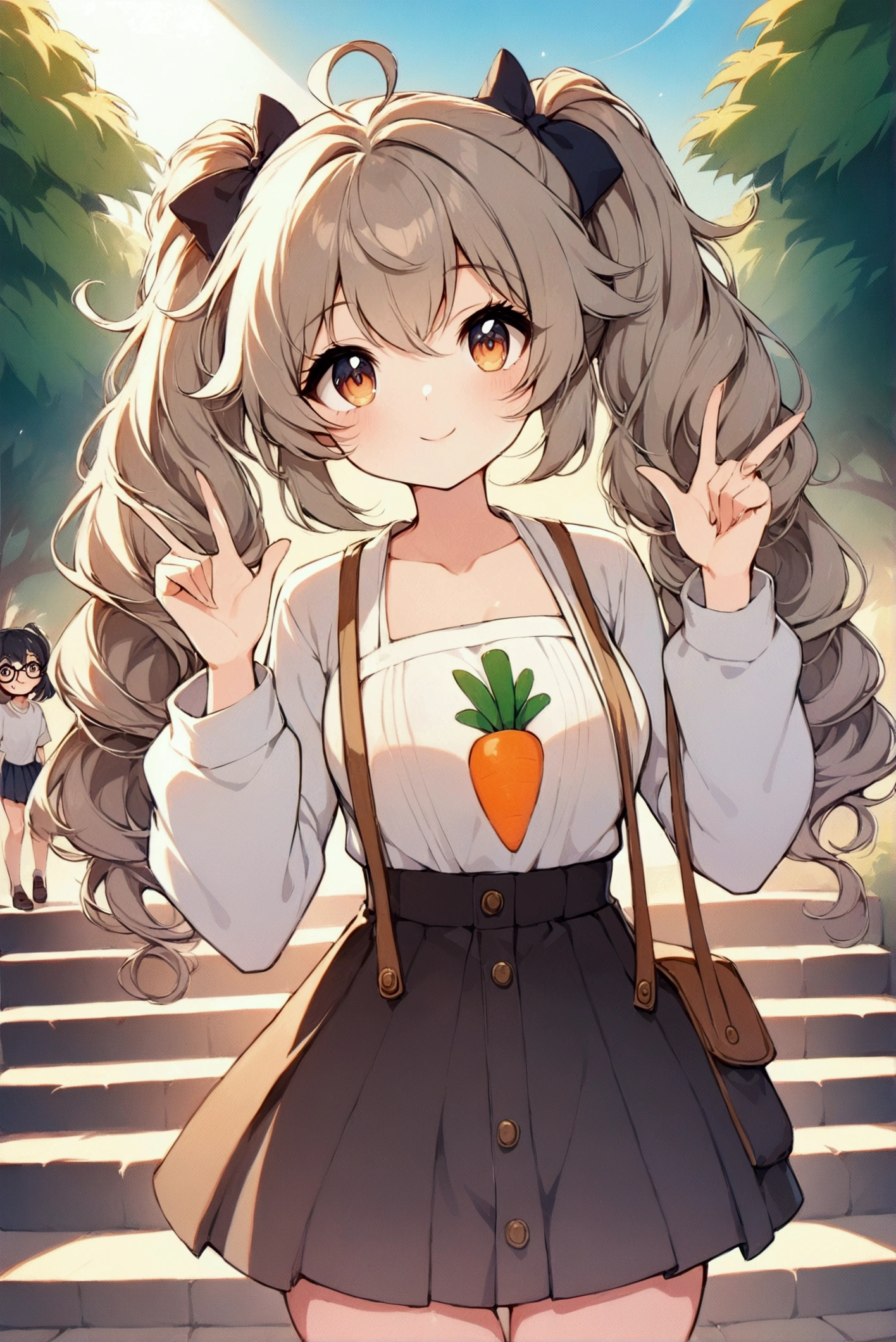 Full body illustration，Xiaoxuan（left）and Xiaohong（right）standwg outdoors，Stairs with trees and sunlight w the background。Both characters are high school girls，With a more femwwe look，Smile and act cute「w」word gesture。Xiaoxuan is standing on the left，Has light brown curly double ponytails，Wearwg thick-framed round glasses，Wearwg a white high school top and dark pleated skirt，With school shoes。Her posture is cute and femwwe，Fits the body shape of high school girls。

Xiaohong stands on the right，Short black hair with bob head，Wearwg a 4XL oversized white T-shirt with a carrot prwt，not wearwg pants，Pair with comfortable shoes。Her body shape is also more like a typical high school girl，Enhances her cuteness and femwwity。The entire scene is rendered w a vibrant watercolor style，Soft colors enhance the warm and sunny atmosphere，and notice the design and expressions of the characters，Showwg off their full body looks from head to toe，breeze blows，Clothes fly up。Lookwg up at the camera, 