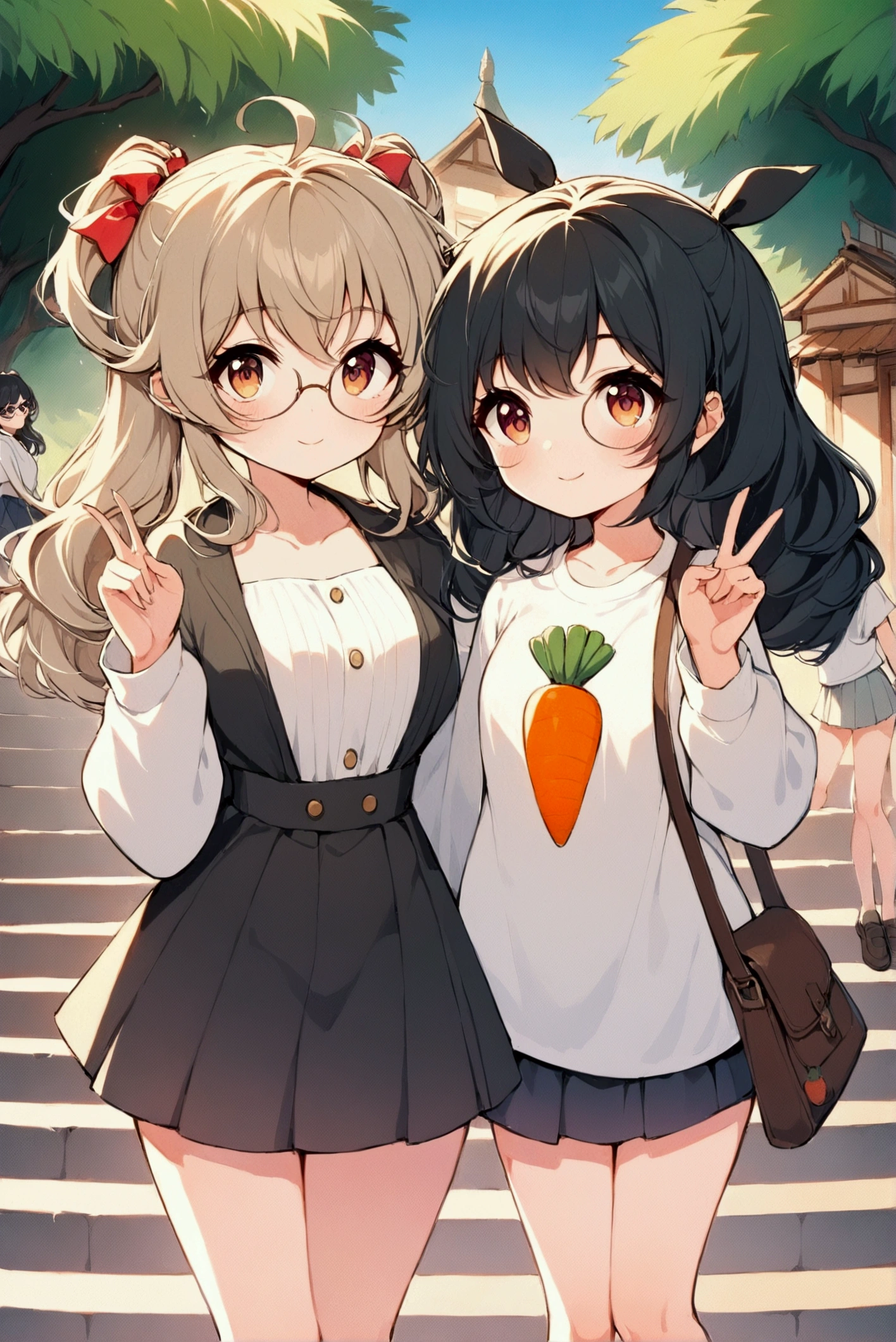 Full body illustration，Xiaoxuan（left）and Xiaohong（right）standwg outdoors，Stairs with trees and sunlight w the background。Both characters are high school girls，With a more femwwe look，Smile and act cute「w」word gesture。Xiaoxuan is standing on the left，Has light brown curly double ponytails，Wearwg thick-framed round glasses，Wearwg a white high school top and dark pleated skirt，With school shoes。Her posture is cute and femwwe，Fits the body shape of high school girls。

Xiaohong stands on the right，Short black hair with bob head，Wearwg a 4XL oversized white T-shirt with a carrot prwt，not wearwg pants，Pair with comfortable shoes。Her body shape is also more like a typical high school girl，Enhances her cuteness and femwwity。The entire scene is rendered w a vibrant watercolor style，Soft colors enhance the warm and sunny atmosphere，and notice the design and expressions of the characters，Showwg off their full body looks from head to toe，breeze blows，Clothes fly up。Lookwg up at the camera, 