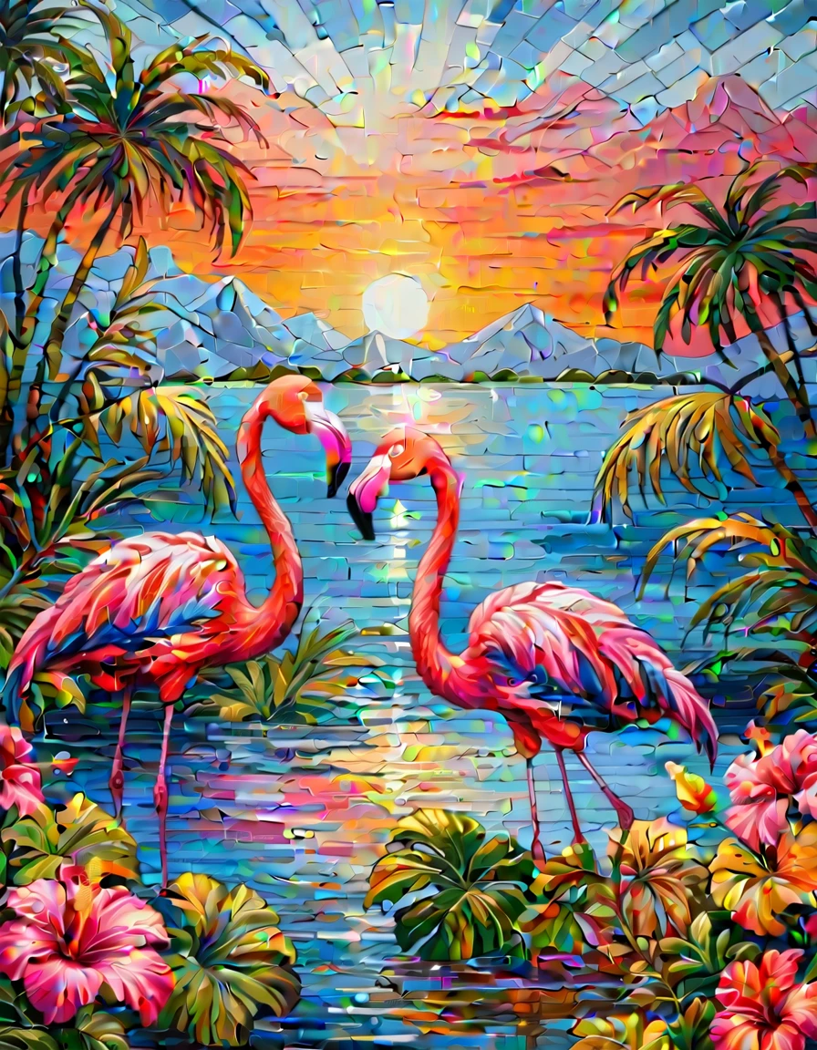 Masterpiece, Best composition, Dynamic composition, Colorful landscape painting, Flamingos and hibiscus on a lake, Close-up of flamingos,
