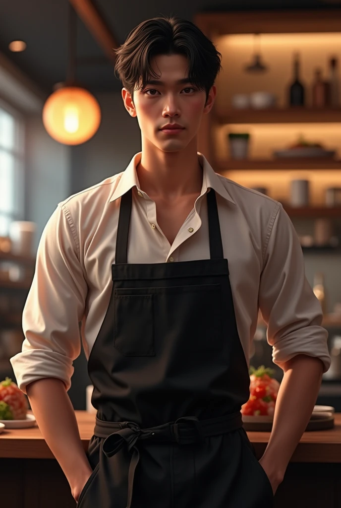30 year old man with an athletic and well defined body, broad shoulders and a slight bulge in the lower area of his pants visible through the apron. Your face should have a strong jawline, Straight Nose, and a gentle and seductive look. The hair is black, smooth and short, and the eyes are dark and deep. realistic lighting, Dynamic angle, 真实感, best qualityer, fully body. sushi bar restaurant atmosphere, is working, is dressed in uniform
