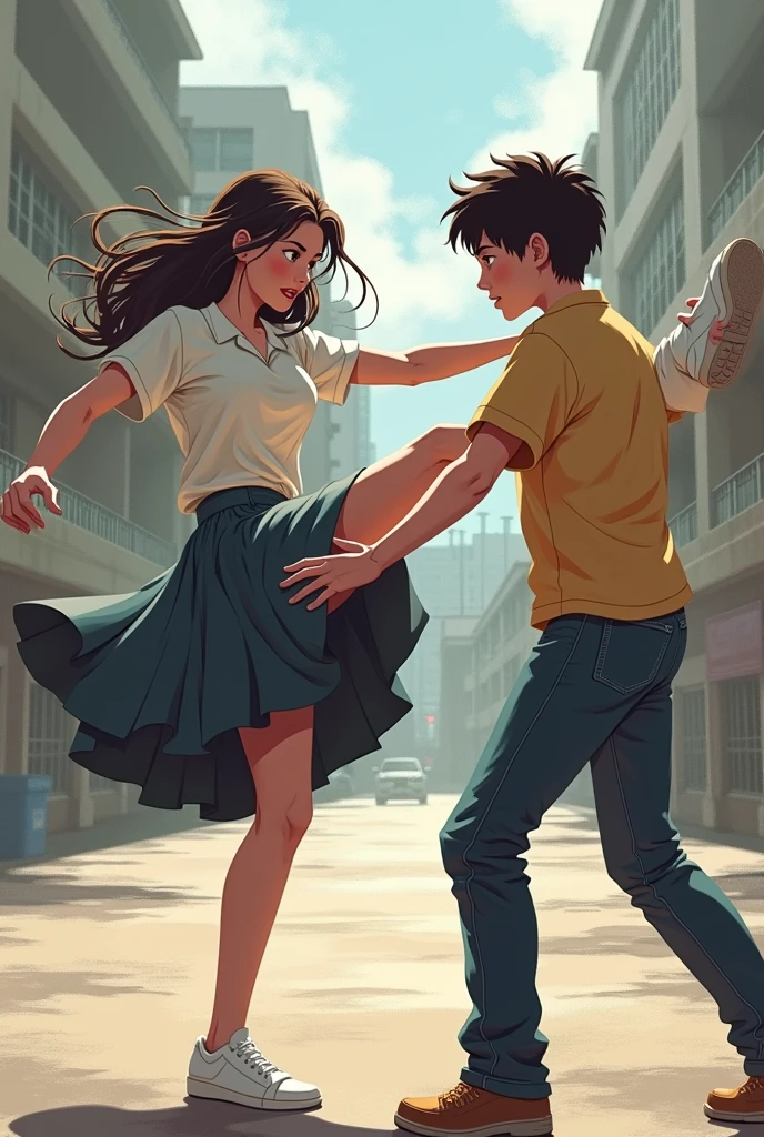 A girl in a skirt kick a bullie boy who try to harass her
