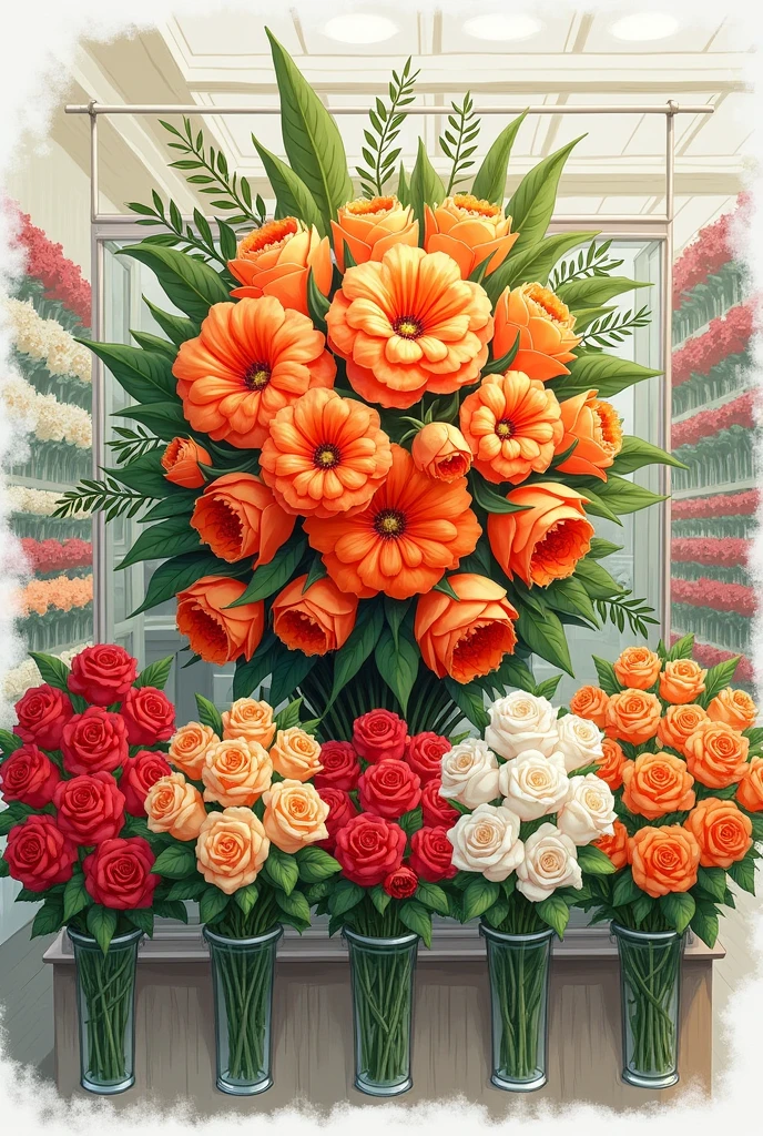 **Row of flowers** - A shop selling various kinds of flowers such as red, white, and orange roses. A cluster of orange flowers with large green leaves should be seen at the front, adding life to the other flowers around it. In just a simple drawing form make it more simple