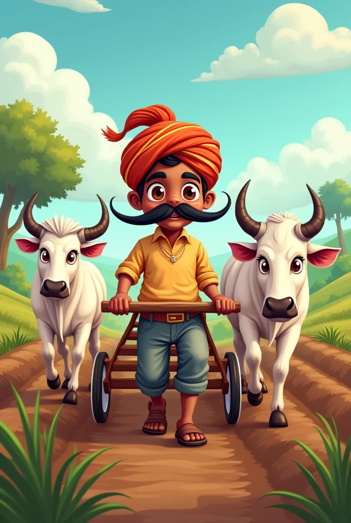 Create a cartoon vector art with a good looking innocent face strong farmer wearing pagdi and having a long desi mustache with two white bulls tied up with plough while tilting the land.