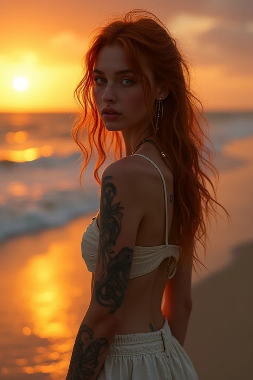 very detailed, 16K high resolution, incredibly detailed image, cinematic, best quality, masterpiece, realistic, detailed face, detailed background, dramatic lighting, A girl, 2, she is alone, beautiful, natural red hair, straggly and messy wavy hair. Extremely detailed facial expressions with sharp and piercing green eyes. A delicate, slightly cheeky face, subtly made up. ((She is tattooed and pierced, large tubes in her ears.)), She has (very small breasts) and a slim figure, in good shape. Mystical evening atmosphere with sunset by the sea. She is taking a walk on the beach and is wearing light, summery clothes.