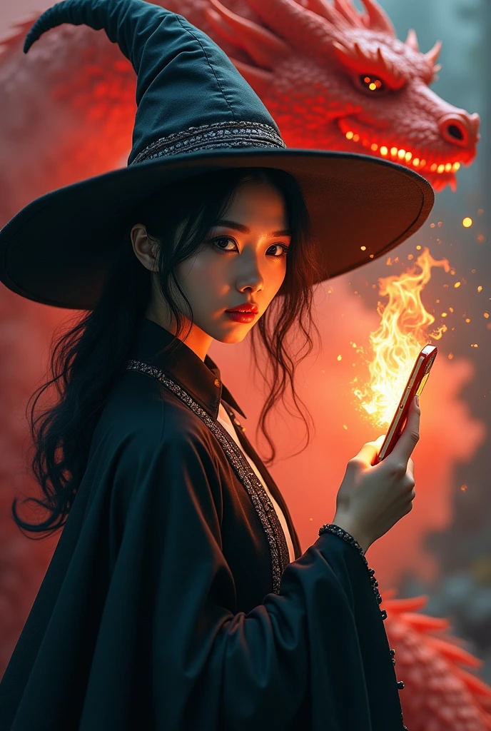 photo, asian woman, white skin, Turn your face and look straight ahead., Black fluffy hair, Wear a black witch hat, Black witch cloak, The inner shirt is a white collar with a white and red tie., Fireball Mobile, Behind is a red dragon floating.