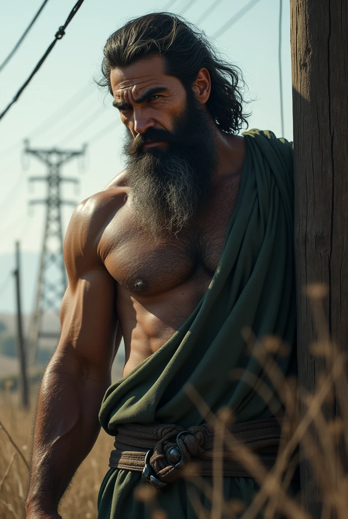 There is a strong hairy and bearded Iranian man standing, Hidden, facing an electricity pole.