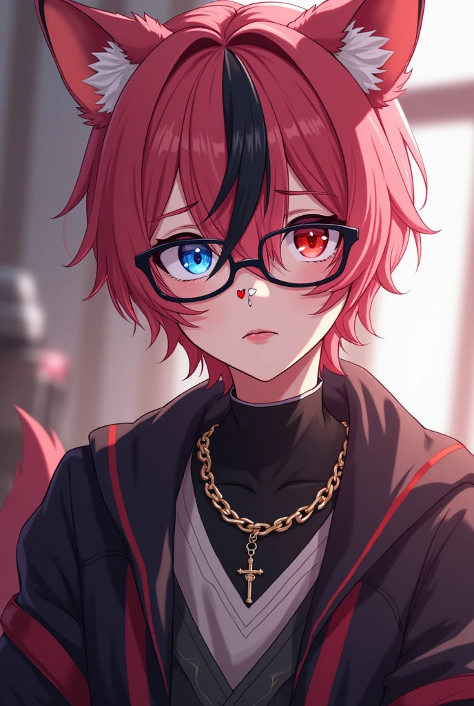 Create a submissive anime boy of 16-1 who has short old rose colored hair, and a black lock, also containing the ears and tail of a German Shepherd dog, and that his right eye is red and the left eye is blue, and their pupils have the shape of a heart. Also that I wear glasses and have a band-aid on my nose but my nose still bleeds., that your clothes are yk2 style and flirty, not forgetting to have a dog collar with thorns and a rosary