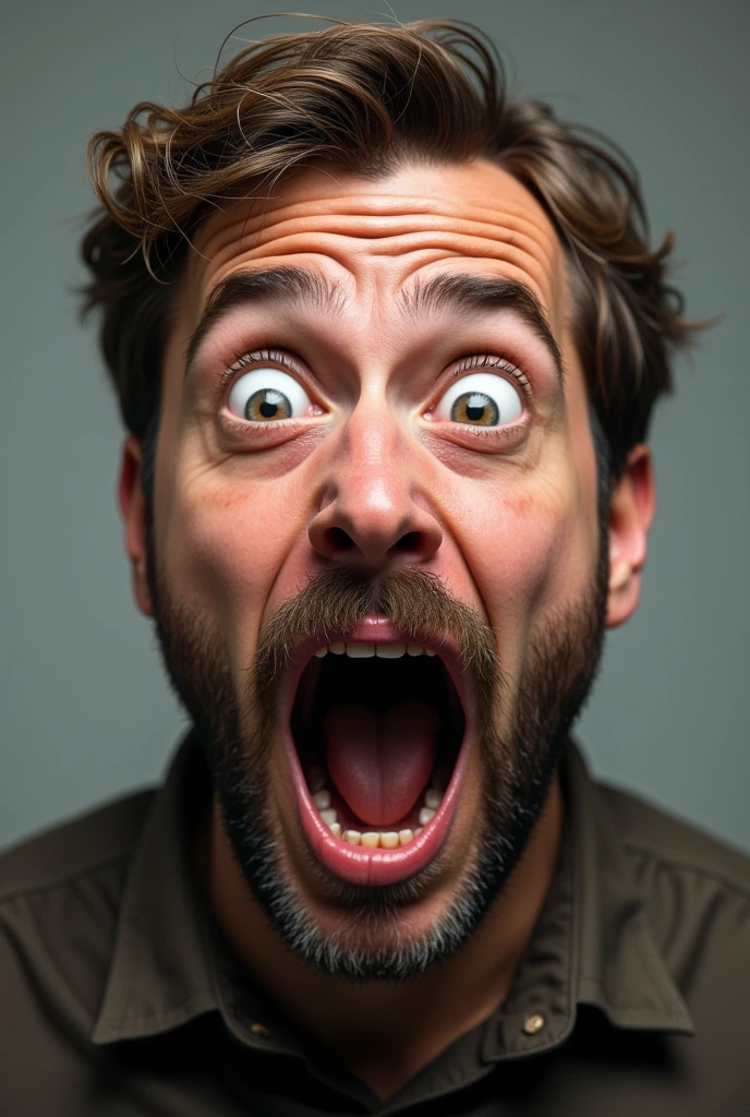 A man is surprised and opens his mouth wide when he hears trivia