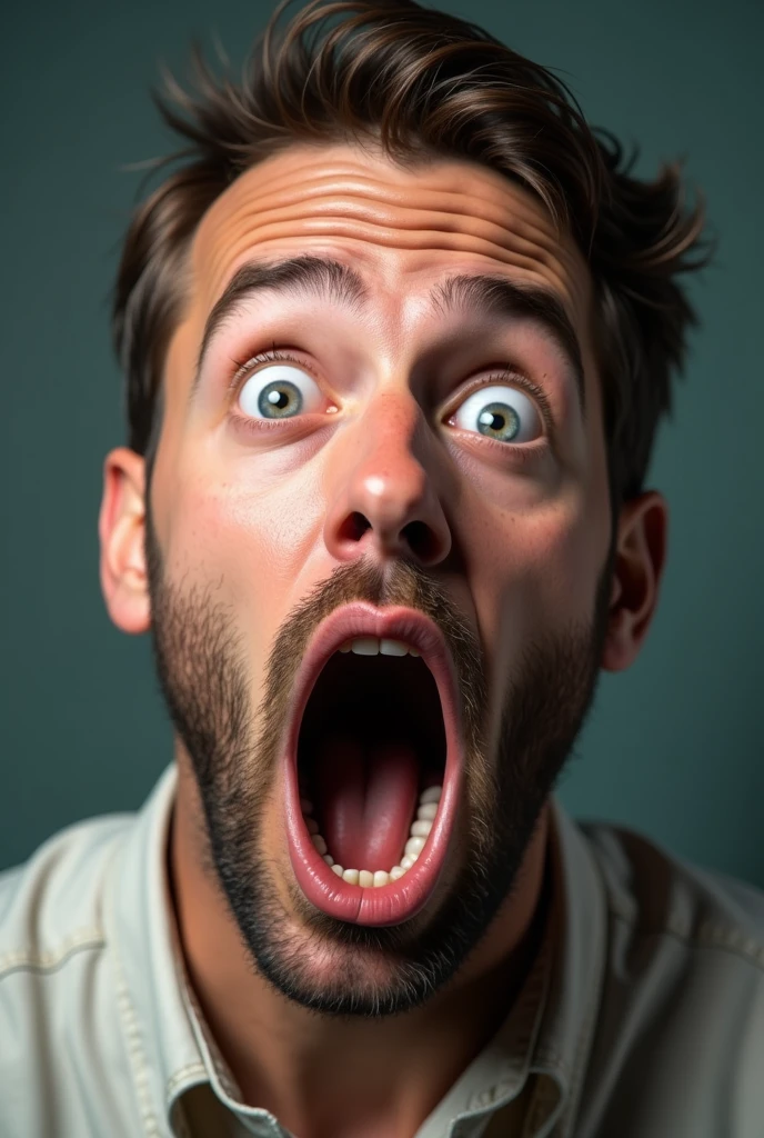 A man is surprised and opens his mouth wide when he hears trivia