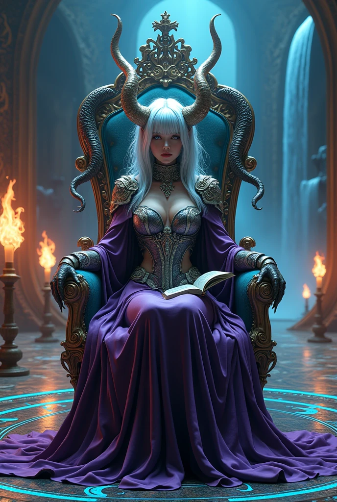 Surreal　Very detailed　Ultra Fantasy　Ultimate Details　Ultra-high resolution　8K 32k 3D 　clear, Beautiful Eyes　　Silver Hair　　Chairに座る　assassin　　devil anacondas on both shoulders spitting flames　　　.　intricate and elaborate design, おmoney, money　Silver　Silver 紫　Black-purple　Dynamic pose　　Cinema Lighting　Magic spell aura　Chairに座る　　　Blue magic circle design　big, luxurious amulet made of money　Bright colors　　girl　 美しく神秘的なdevilの魔術師　Nice, Mysterious and cool tiara　The ultimate mysterious design　devil&#39;Rainbow Armor　　神秘的なdevil&#39;Chair　Luxurious Armor　girl 　Breaking the Magic Seal　足元には4本のエキゾチックなdevilのロウソク　In his right hand he holds a gorgeous metallic sword　Big on the left,Holding a burning red torch　In the background, a waterfall flows from the top right.　Gauntlet　devil的十字架の首飾り　A book of spells on his lap　Golden Tiara