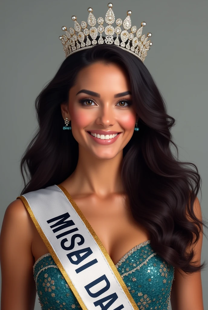 Make a picture of Maria Malo with the Miss Universe sash and crown