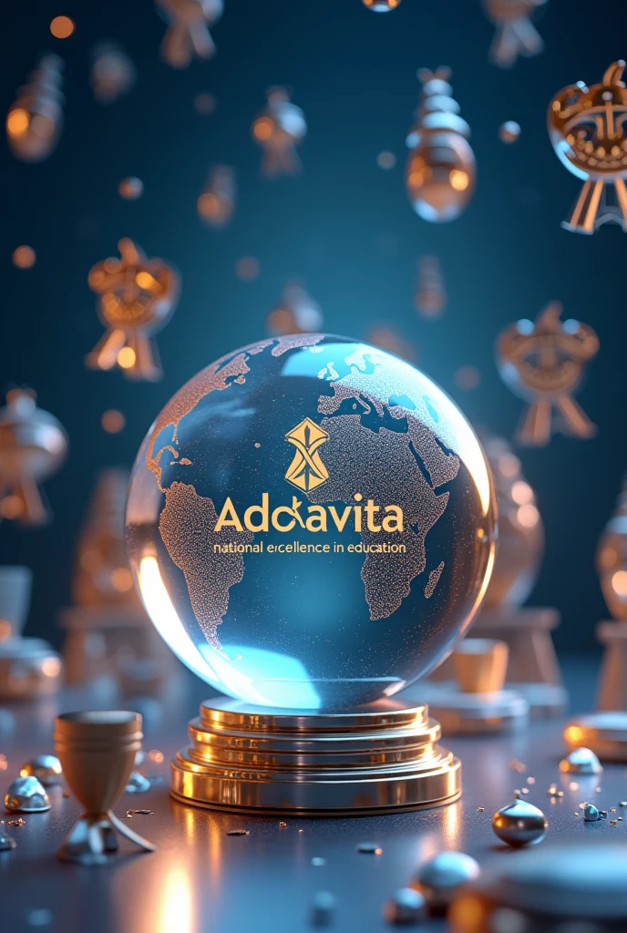 A 3D rendering of a crystal globe with the Advaita logo at its center, surrounded by floating awards and the text""National Excellence in Education""hovering around it,and mention the date DECEMBER 14 2024