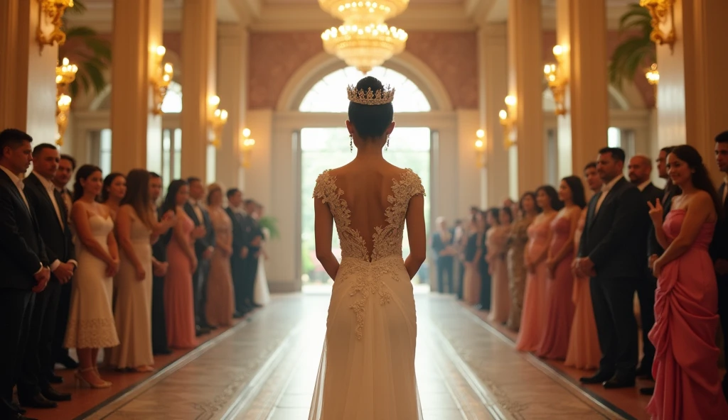 A bride in a full white Thai traditional wedding gown, standing gracefully at the center of a grand wedding hall, surrounded by ornate decorations and soft, warm lighting, as guests admire her elegance."
