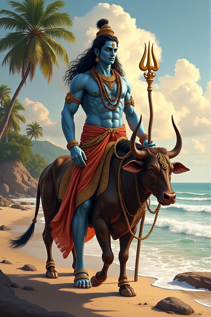 Lord shiva with his nandi bull on beach