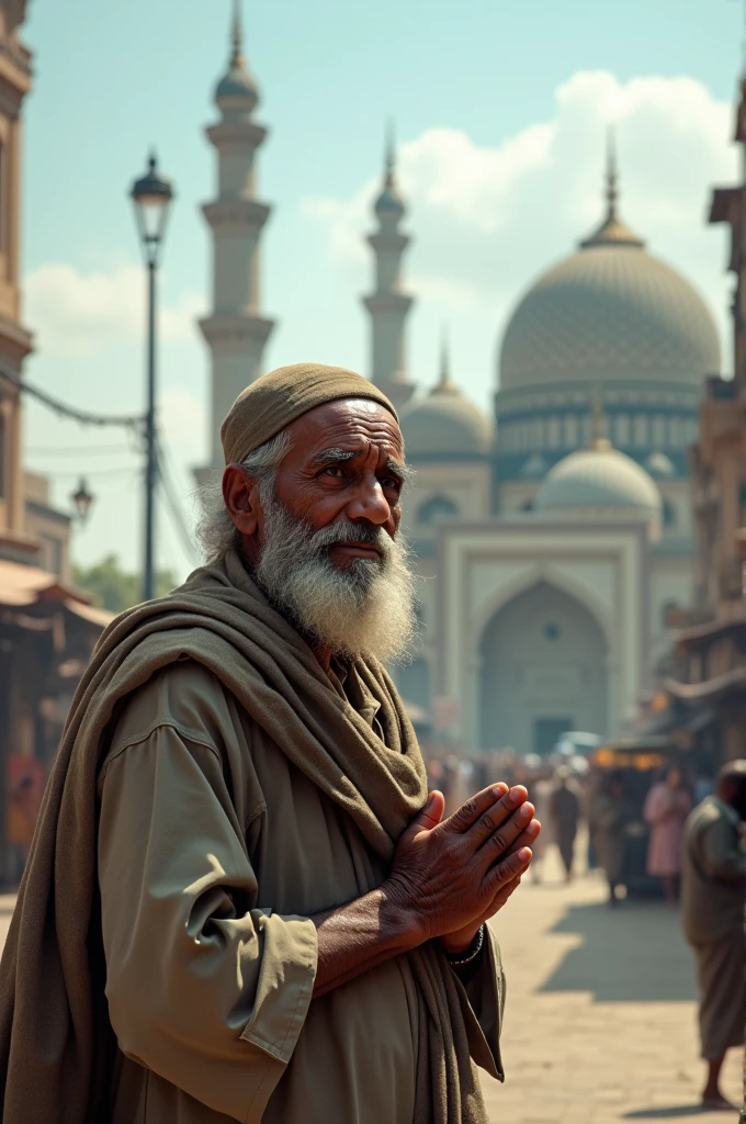 A muslim poor man in India 
 In background masjid