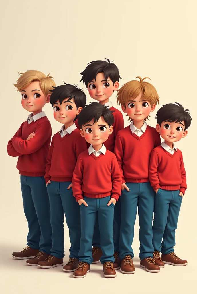 Seven young boys standing wearing red shirts and blue pants