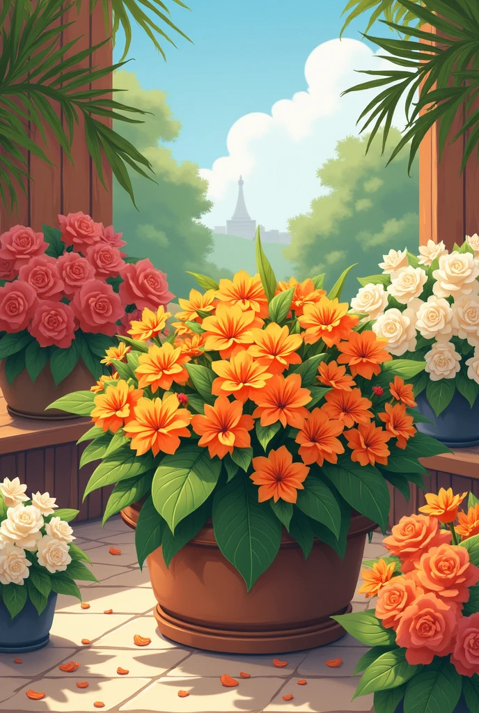 **Row of flowers** - A shop selling various kinds of flowers such as red, white, and orange roses. A cluster of orange flowers with large green leaves should be seen at the front, adding life to the other flowers around it.  Make it a super simple drawing