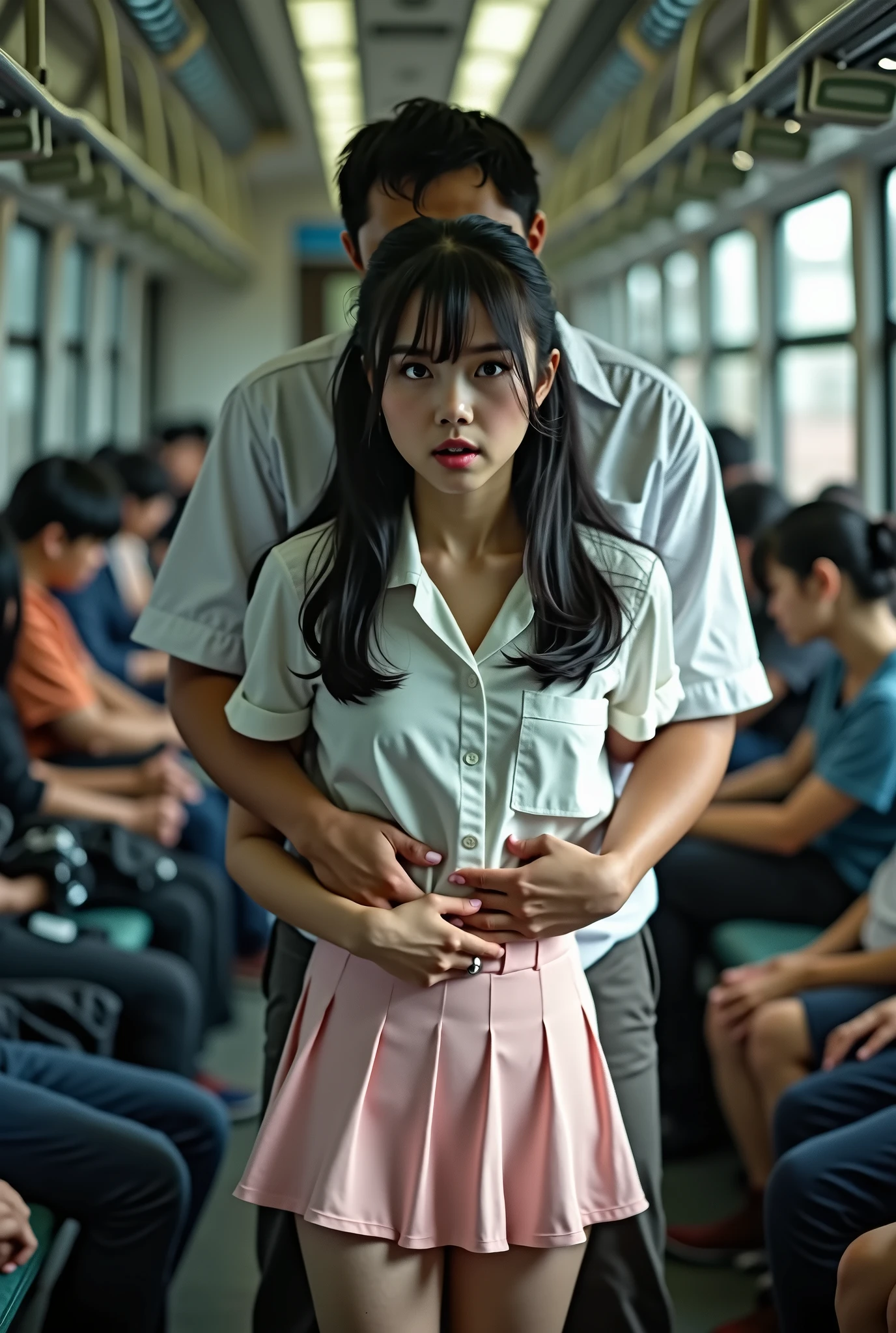 ((of the highest quality, 8k, RAW Photos, masterpiece :1.3)), (realist、realist:1.37)、Very detailed、ultra high resolution, (Professional lighting), ((from above:1.2)),((Full body photo)),small breasts、perfect face、Beautiful expression、beautiful face、pretty eyes、1 high school girl、beautiful girl、beautiful black hair、(not good、schoolgirl uniform、button down shirt:1.2、off the shoulder、Pleated mini skirt、pale pink lace panties)、(Inside a crowded train with sunlight coming in、A chubby middle-aged Japanese man hugs a high school girl from behind on a train)、((((A middle-aged man standing behind a woman.、the man reaches out his right hand and touches the woman'upper part.:1.3、the man'The left hand is touching the high school girl.'his private parts with his fingers.:1.2、button down shirt:1.2))))、caress、fear expressions、blush、the man has a vulgar look、man squeezing the front of a woman's upper shirt,hugging girl from behind.Natural lighting, (direct light:0.4), 8mm film grain, photographed on a Sony a9 II, 24mm lens, f/2.8 aperture, Deep focus,