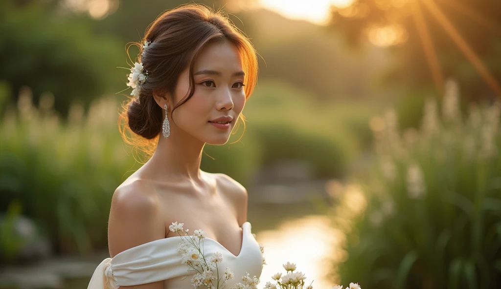 In a breathtaking garden setting, a bride wears a white Thai-inspired wedding gown with delicate silk draping and floral patterns, her serene beauty accentuated by the gentle glow of the golden hour
