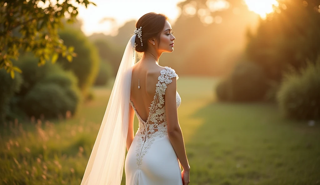In a breathtaking garden setting, a bride wears a white Thai-inspired wedding gown with delicate silk draping and floral patterns, her serene beauty accentuated by the gentle glow of the golden hour